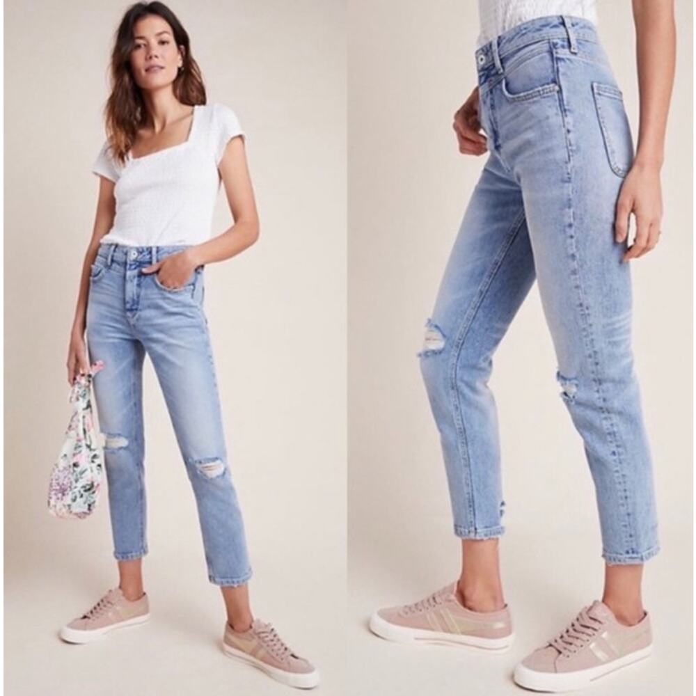 Anthropologie Pilcro High Rise Slim Straight Jeans Distressed Denim Medium Wash - Picture 1 of 10